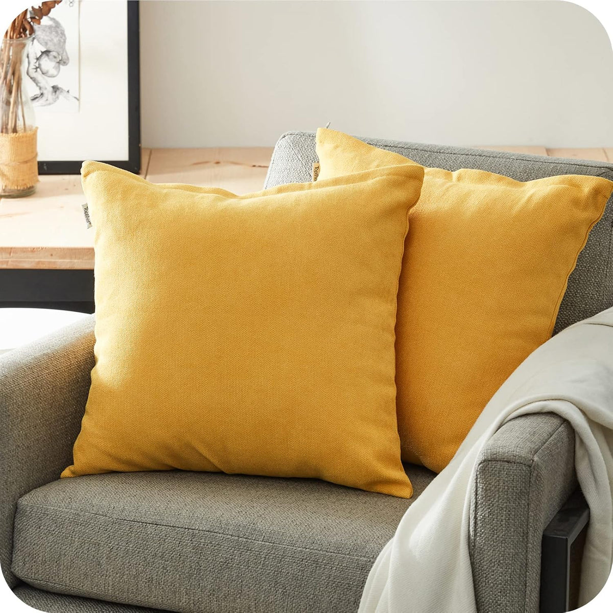 Lot de 2 housses de coussin en chenille jaune moutarde 50 x 50 cm