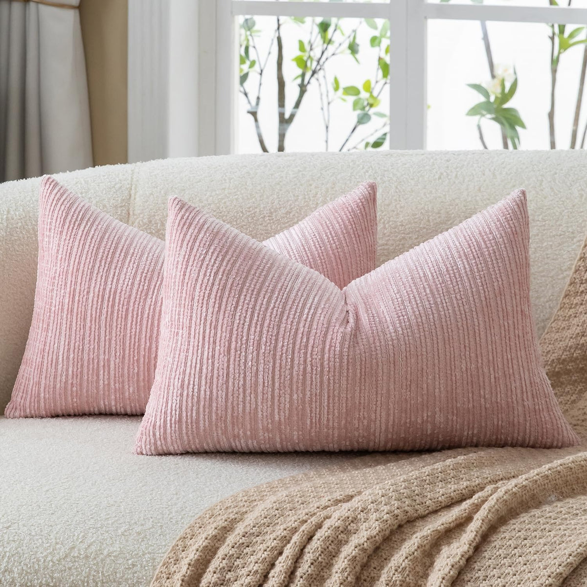 Lot de 2 housses de coussin en chenille rose 30 x 50 cm