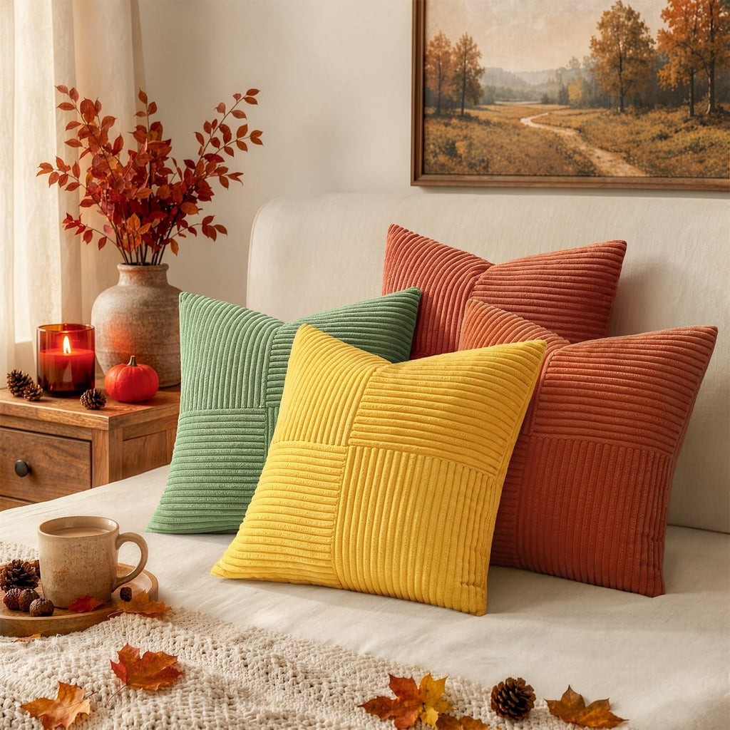 Lot de 4 housses de coussin en velours côtelé orange et vert 40 x 40 cm