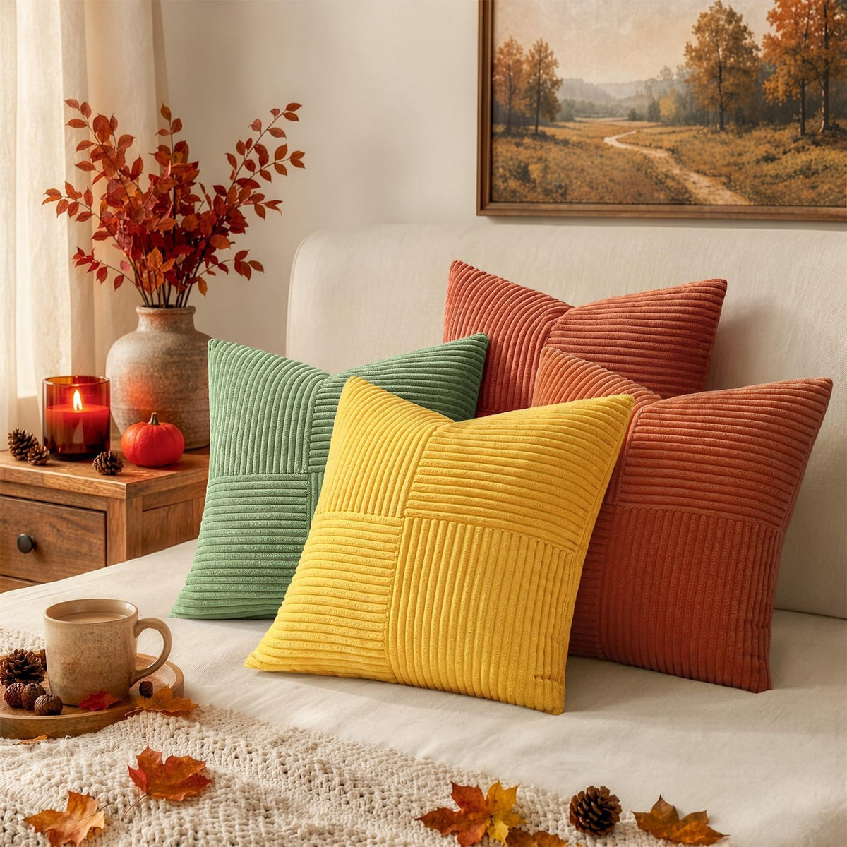 Lot de 4 housses de coussin en velours côtelé orange et vert 40 x 40 cm