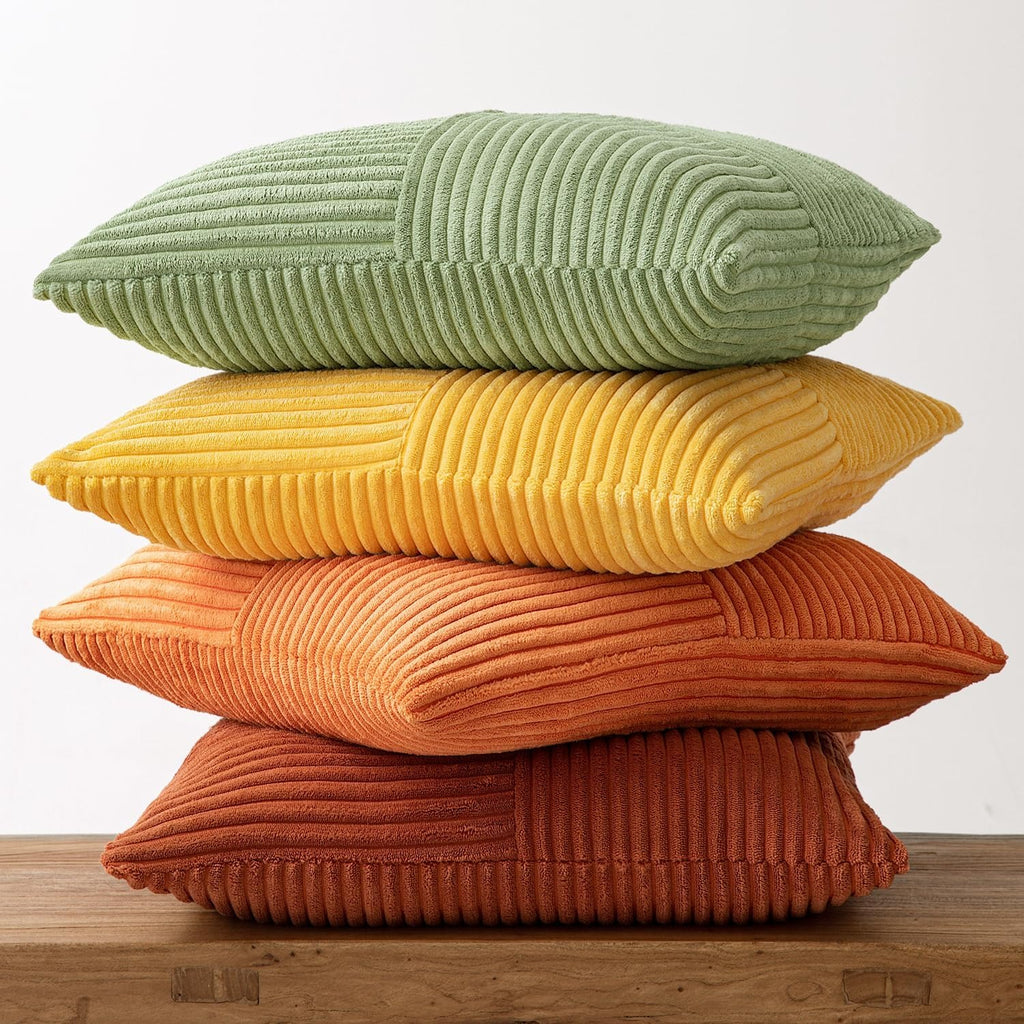 Lot de 4 housses de coussin en velours côtelé orange et vert 40 x 40 cm